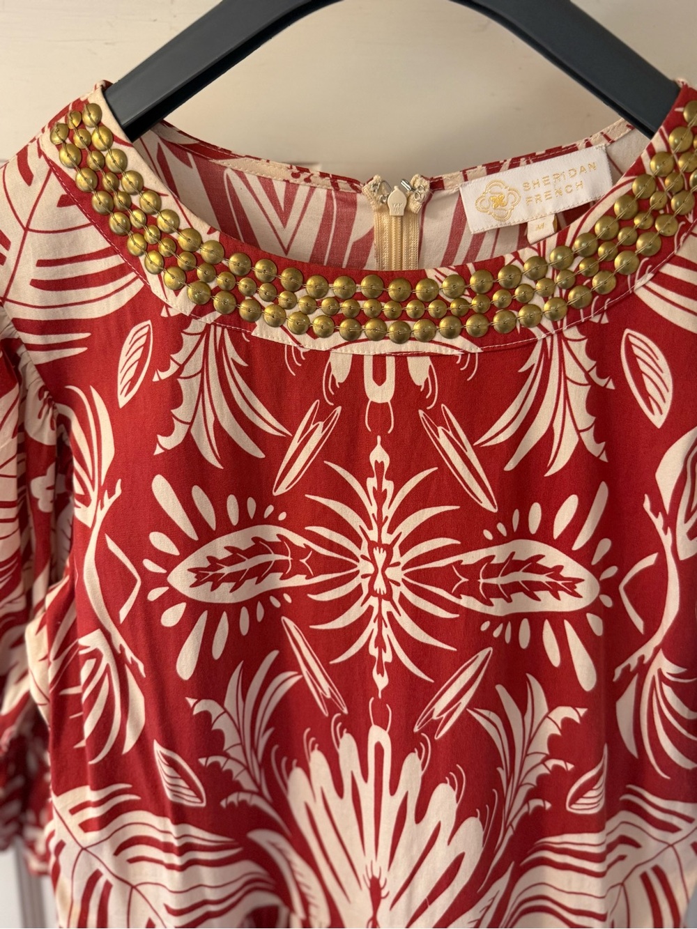 Sheridan French M Cotton Sateen Midi Dress Embellished Tropical Print